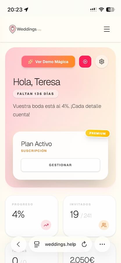 Vista móvil del organizador de bodas