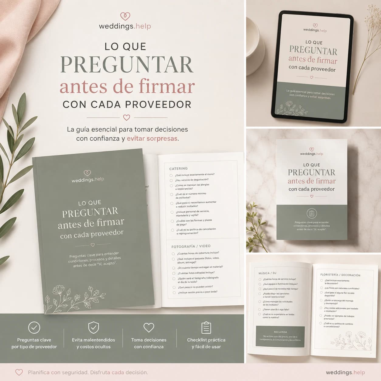 Vista previa de la guía con 50 preguntas para proveedores de boda antes de firmar