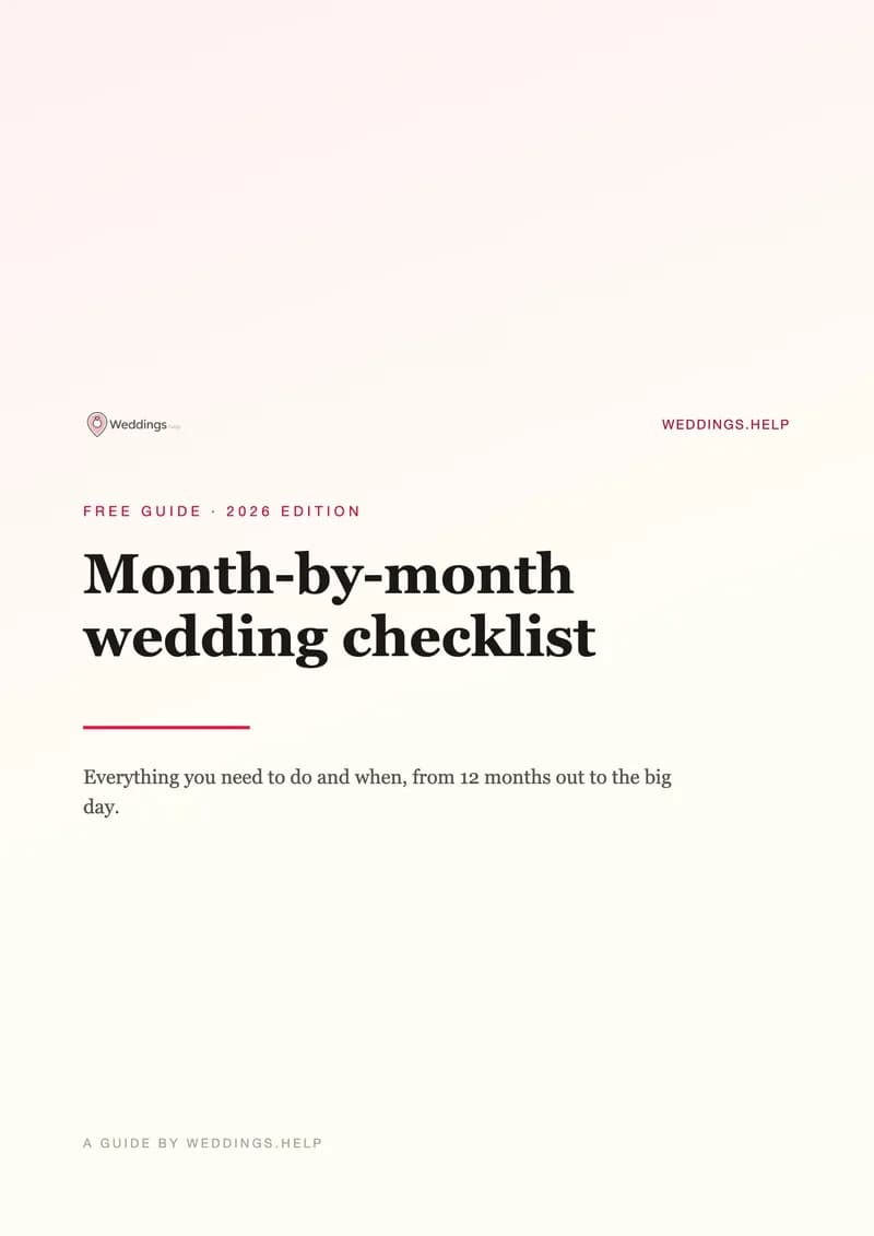 Preview of the month-by-month wedding checklist with 70 tasks organised by planning stage