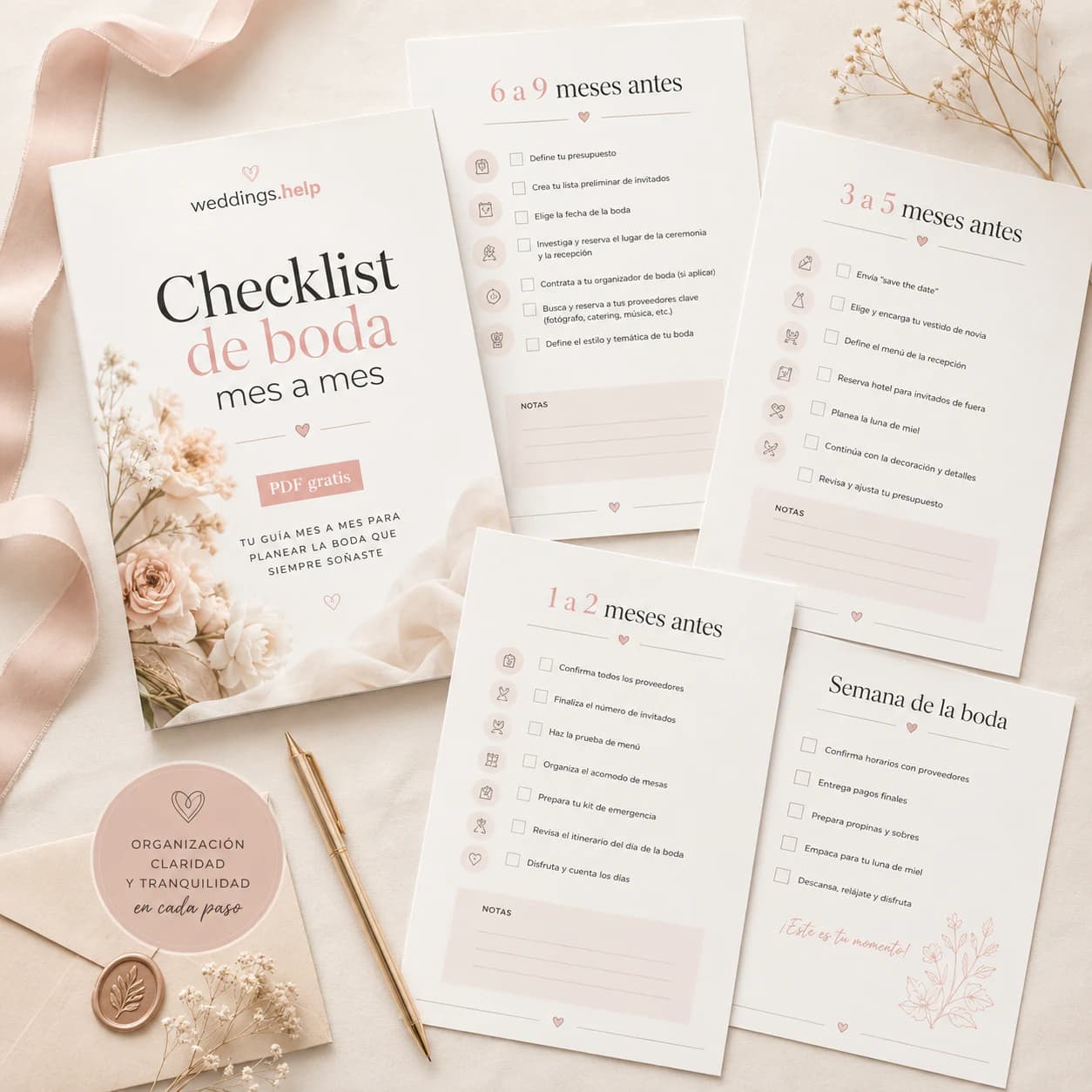 Vista previa de la checklist de boda mes a mes con 70 tareas organizadas por etapas