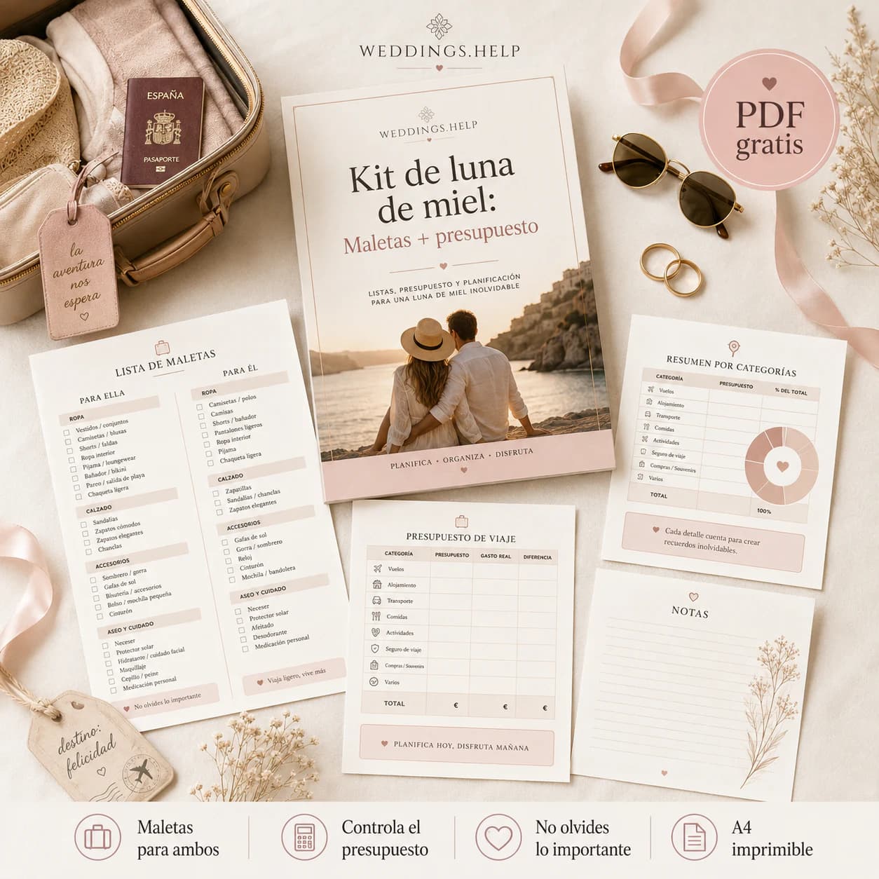 Vista previa del kit de luna de miel con checklist de maletas y presupuesto del viaje