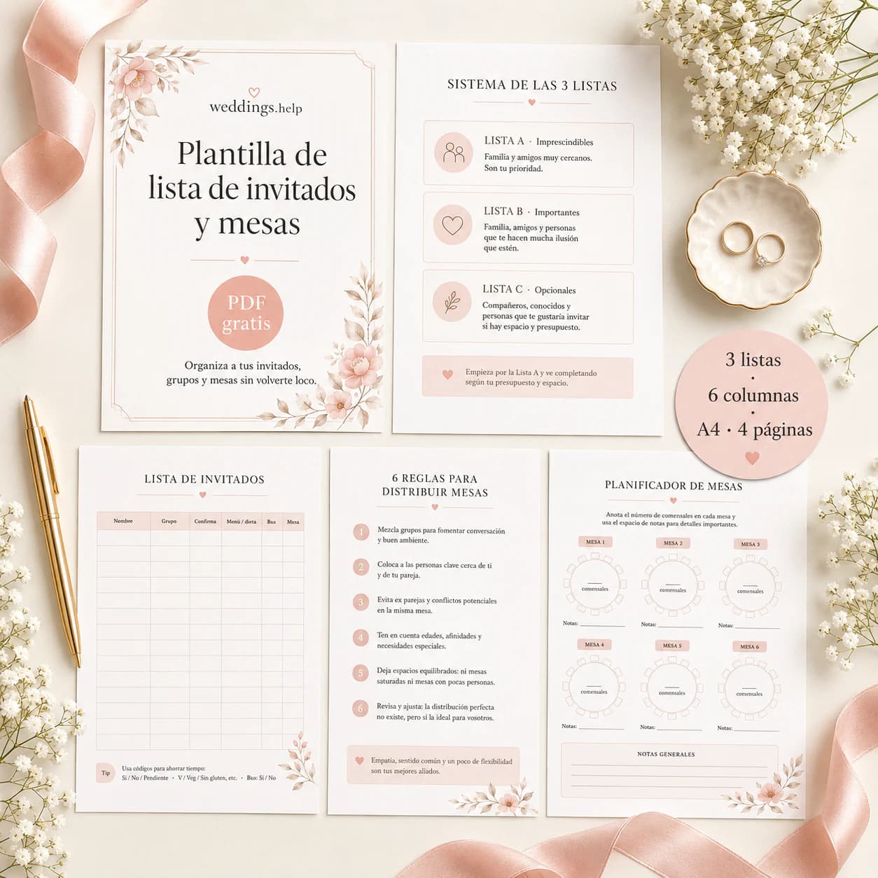Vista previa de la plantilla de lista de invitados y planificador de mesas de boda
