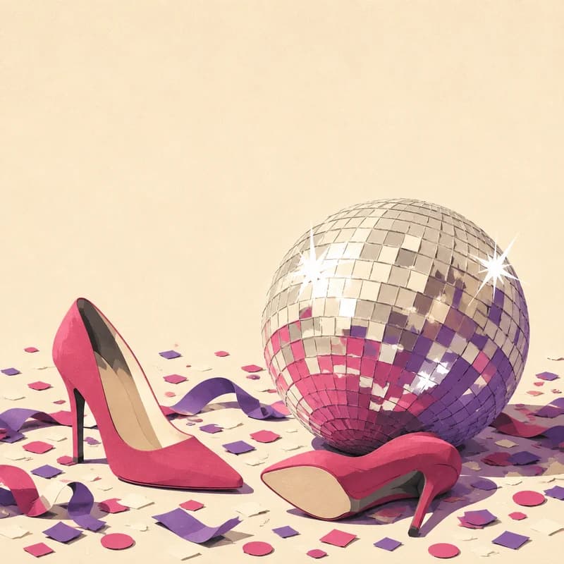 Bola de discoteca y tacones de papel después de bailar una más