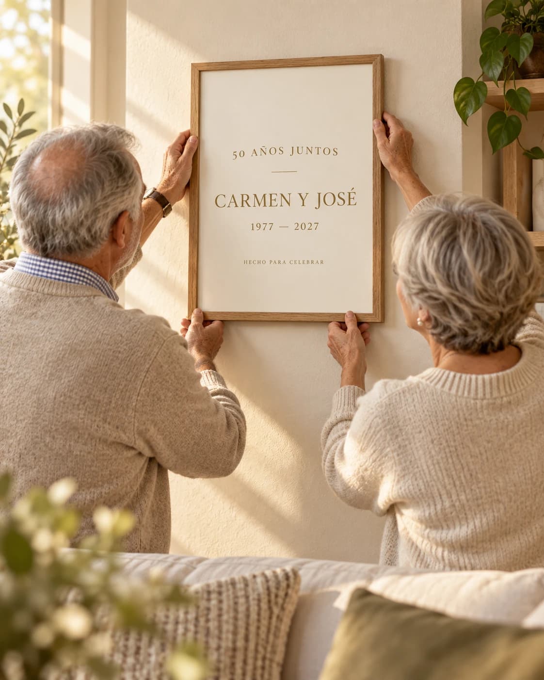 Pareja mayor contemplando su lámina en casa