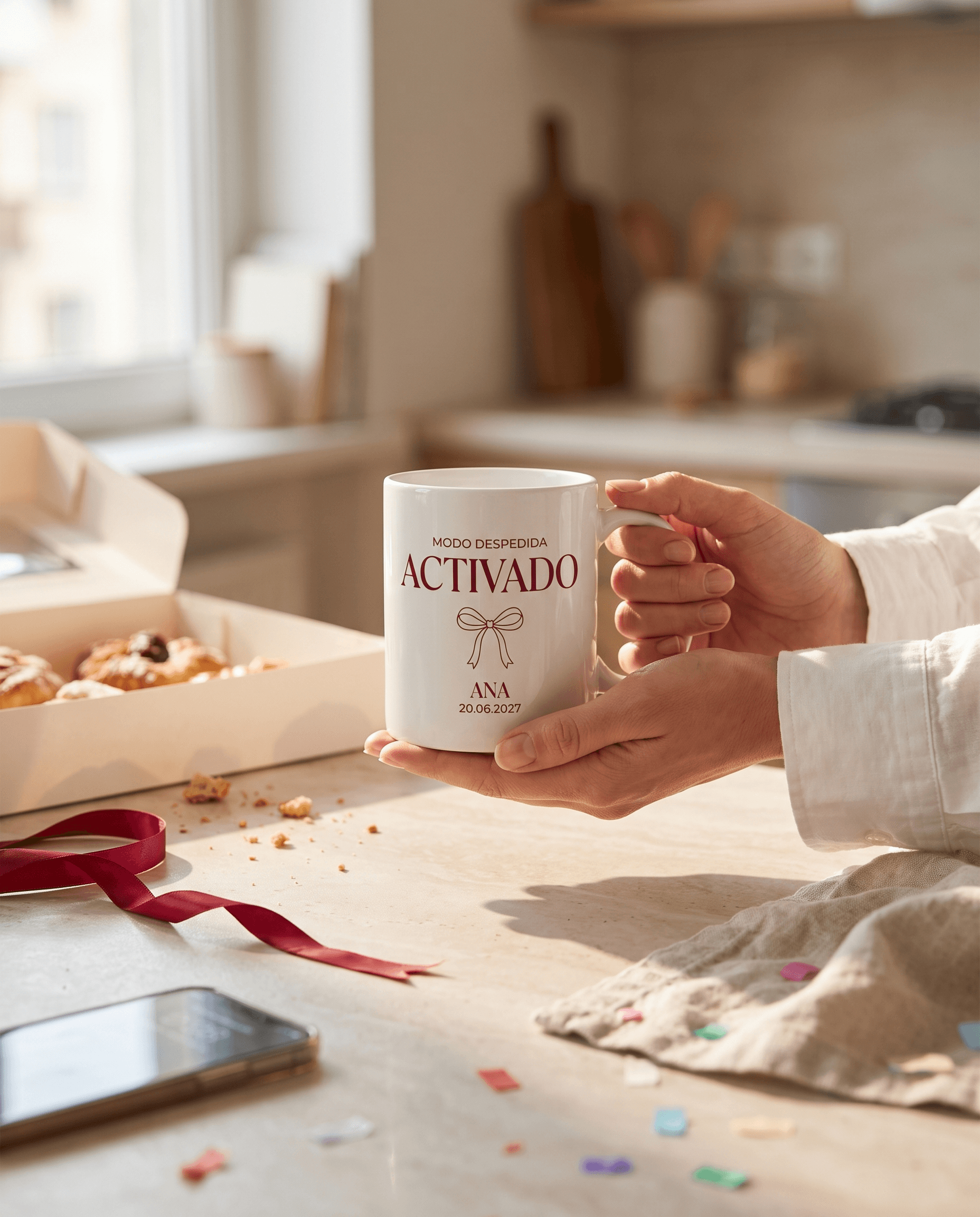 Taza personalizada en una escena de desayuno tras la despedida