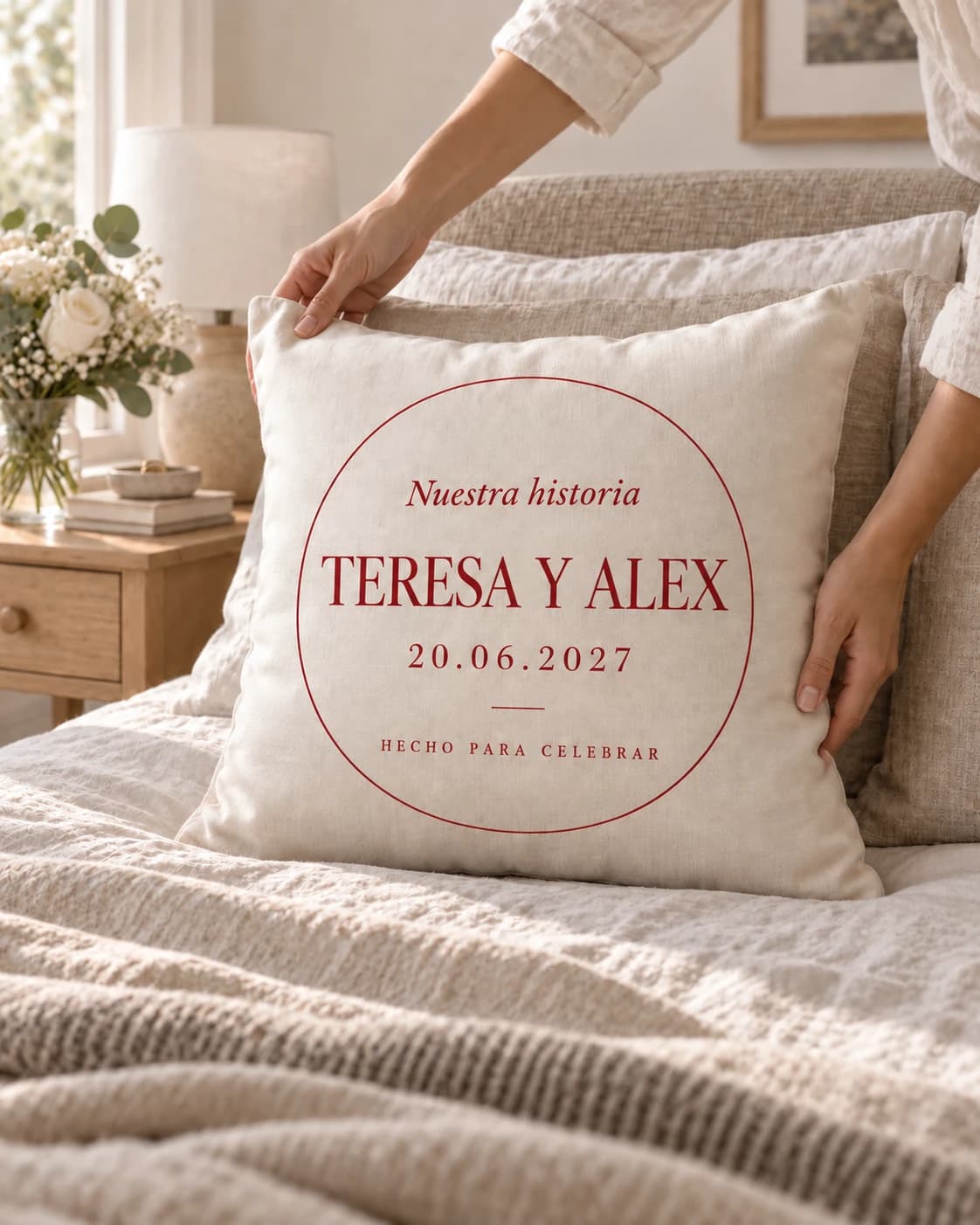 Cojín personalizado sobre una cama en un dormitorio luminoso