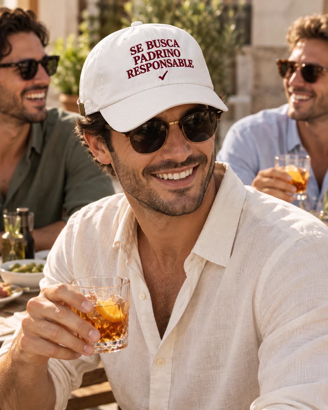 Padrino llevando la gorra durante una comida