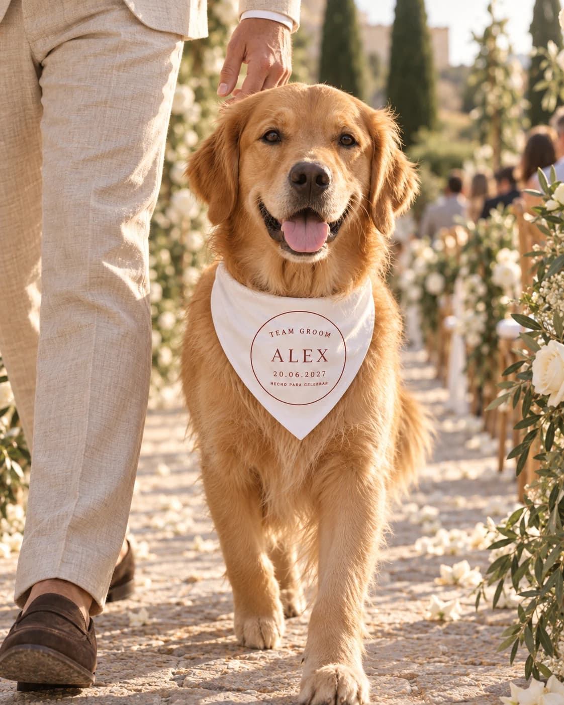 Perro con bandana personalizada caminando junto al novio