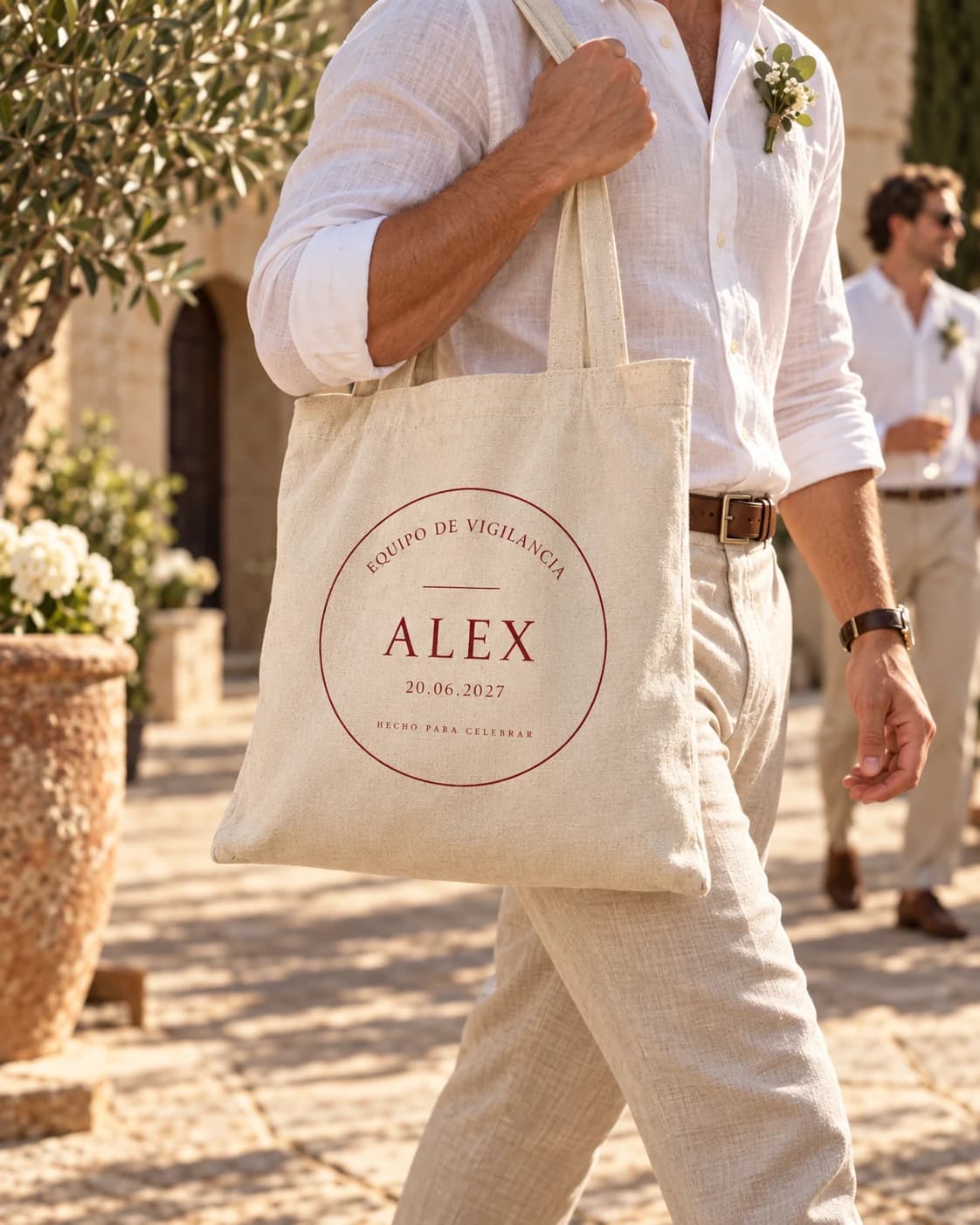 Groom crew with the tote in a courtyard