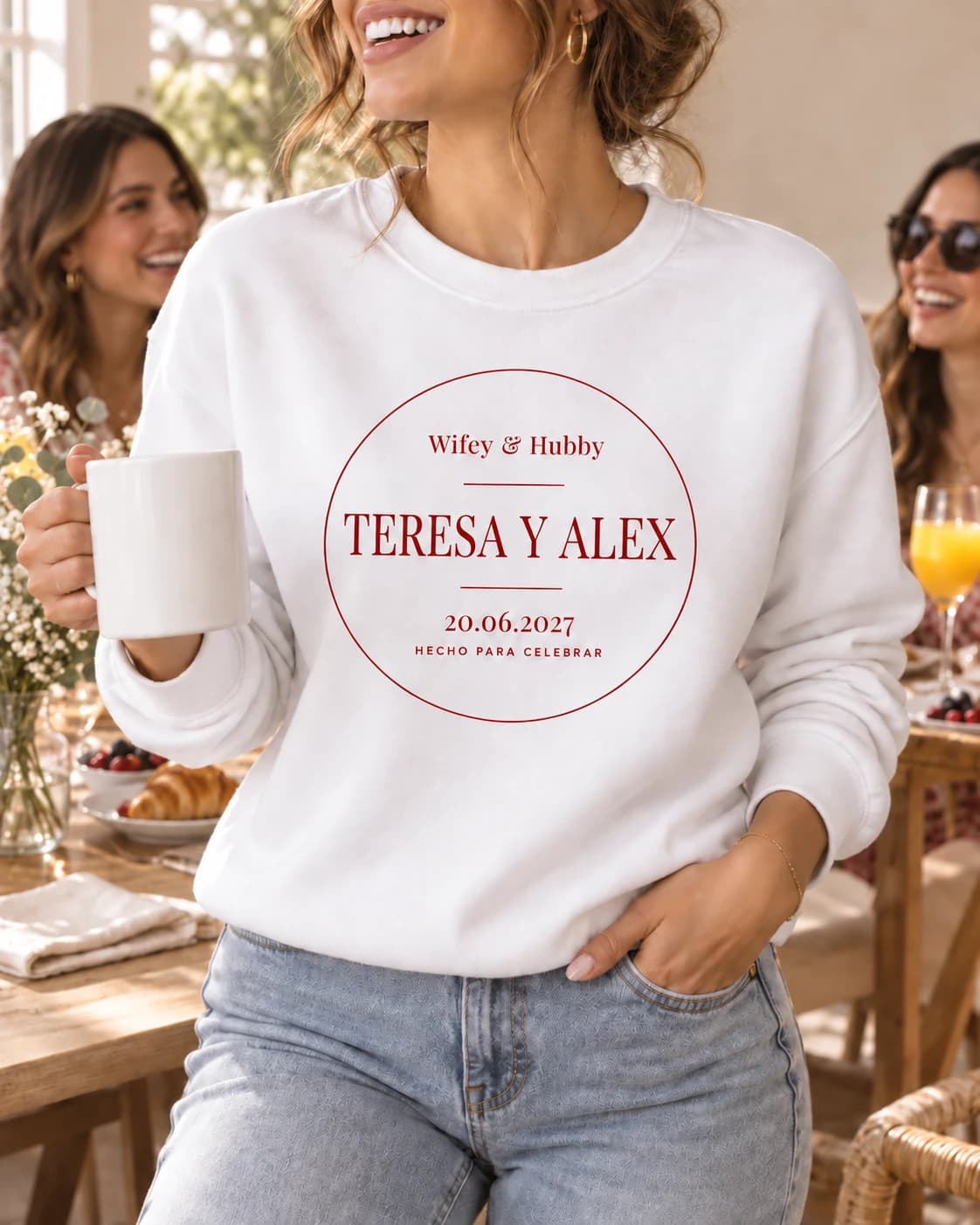 Woman wearing the personalised sweatshirt at brunch