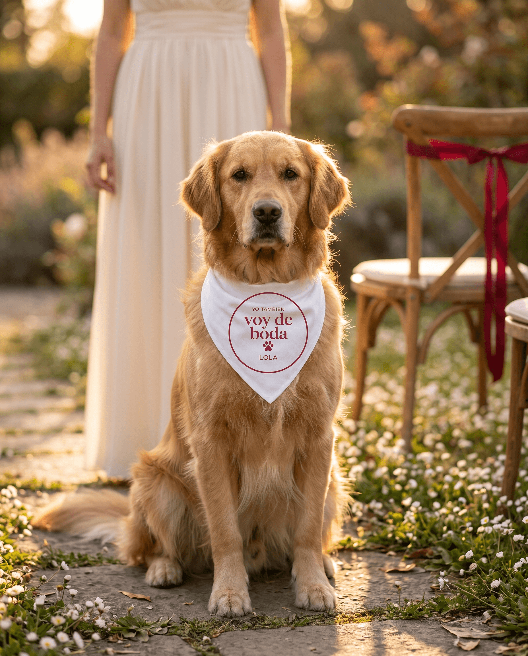 Perro con bandana personalizada en una boda al aire libre